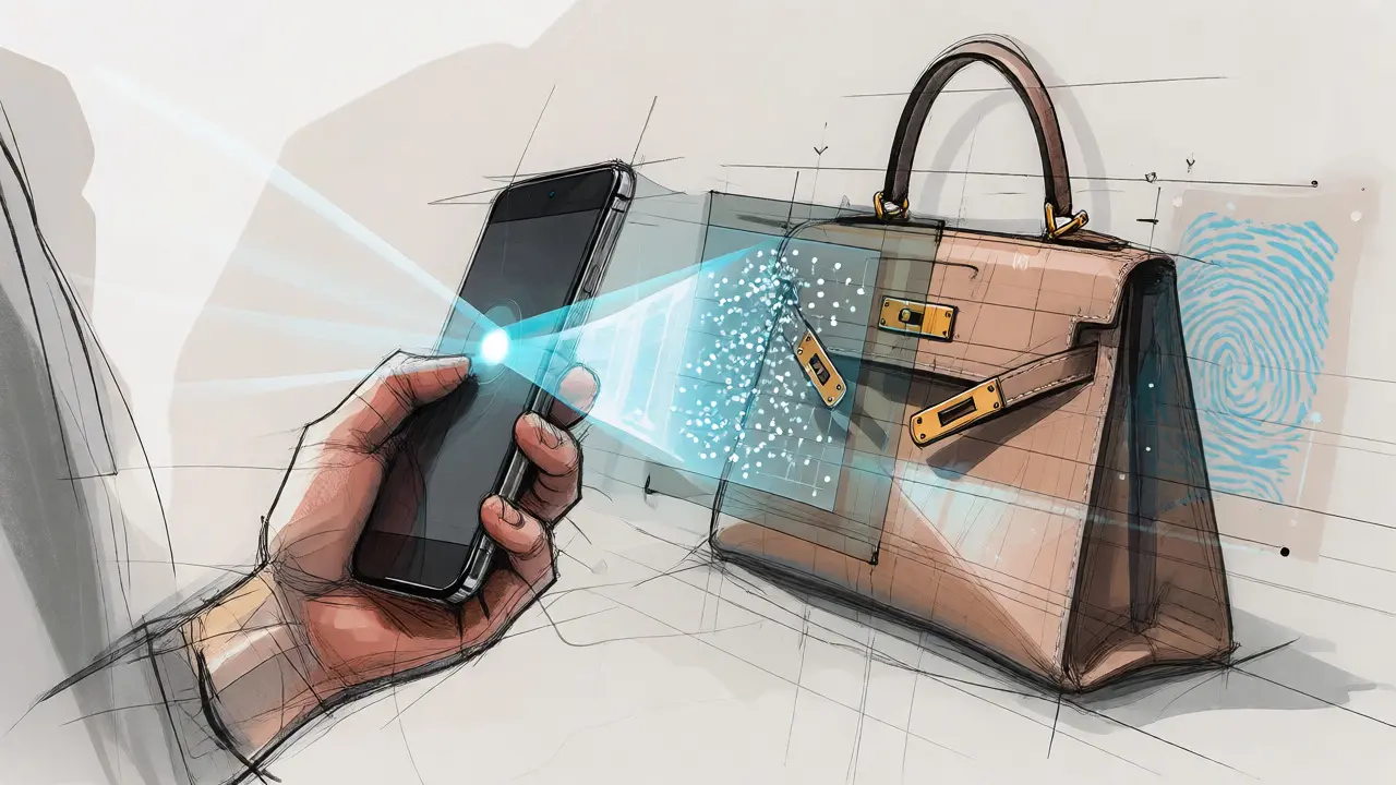 Design sketch of a phone scanning a luxury bag with data layers