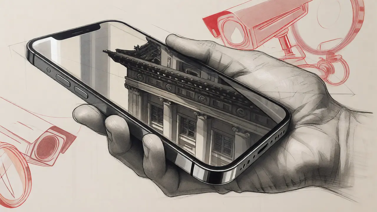 Design sketch of a smartphone reflecting bank buildings and surveillance elements