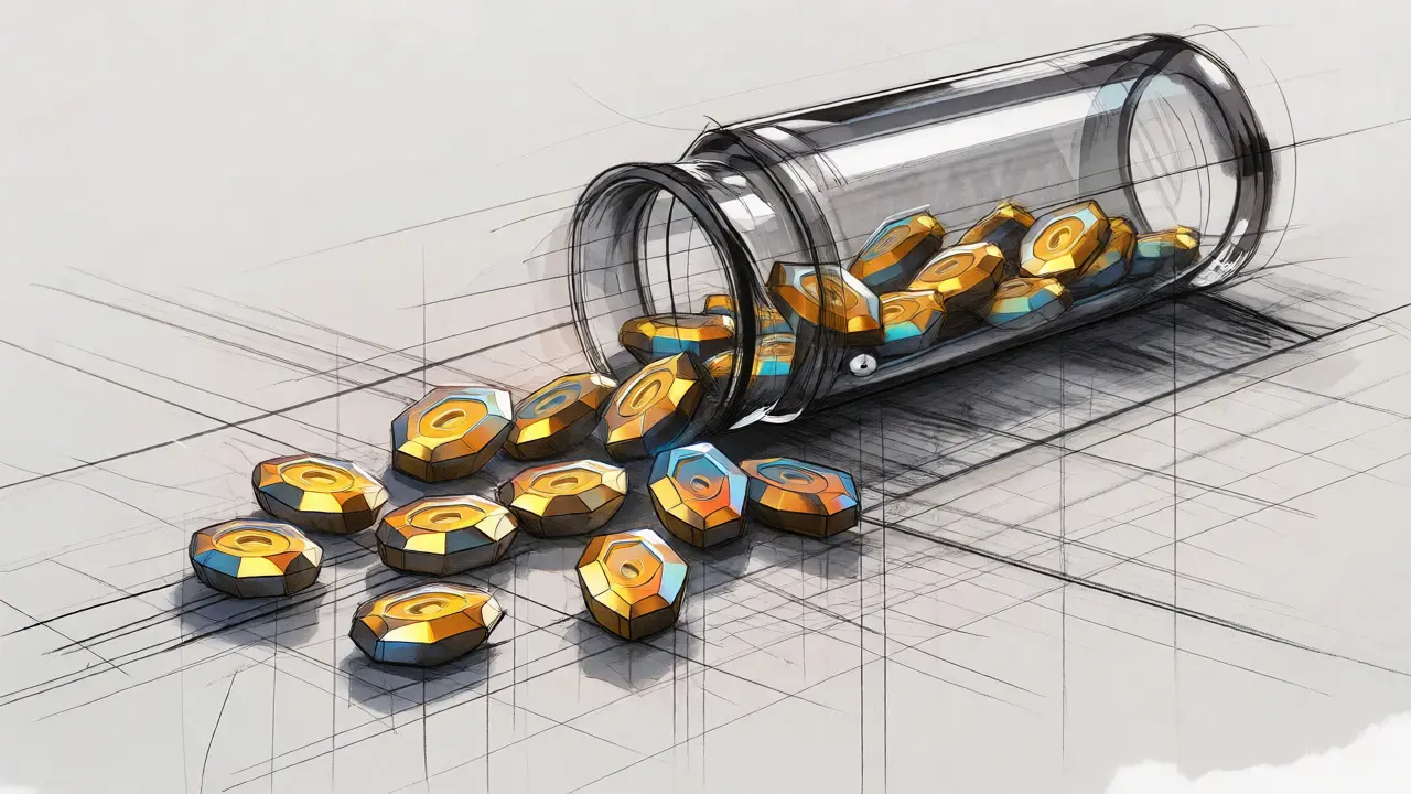 Design sketch of a vial spilling glowing crystal tokens onto a desk