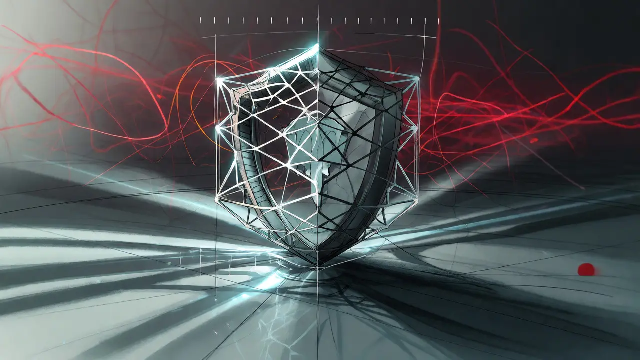Design sketch showing a glowing quantum-resistant lattice protecting a digital shield.