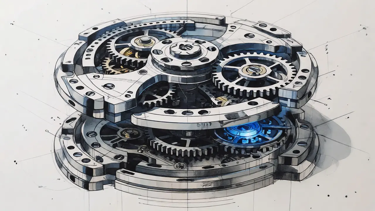 Detailed product sketch of layered, modular blockchain components and hybrid gears.