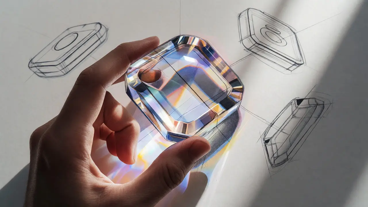 Detailed sketch of a hand holding a crystal-like digital asset with app icons.