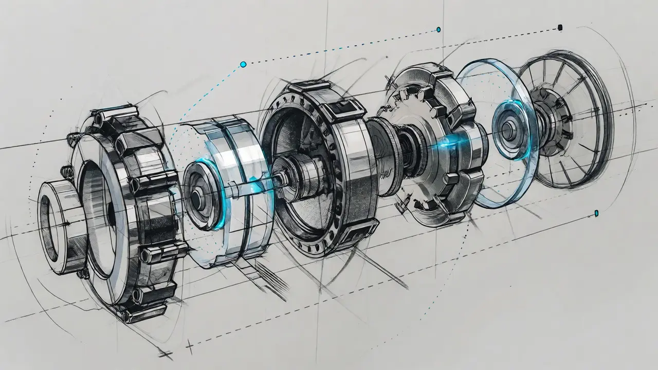 Exploded view sketch of Andromeda network components with cyan accents.