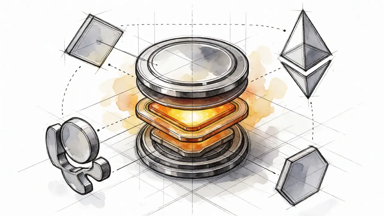 Exploded view sketch of the RADIO token as a multi-layered tech component.