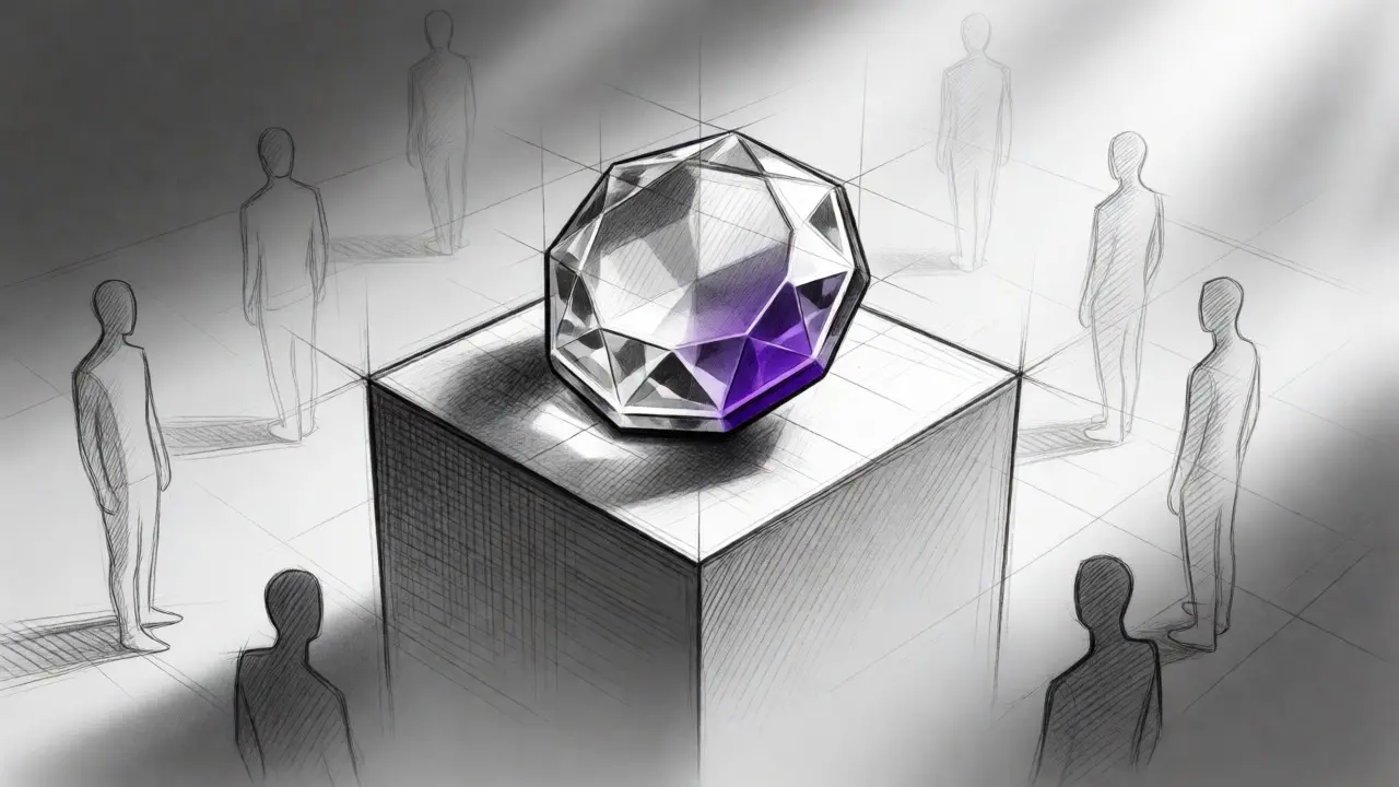 Faceted crystal token on a pedestal surrounded by faint silhouettes