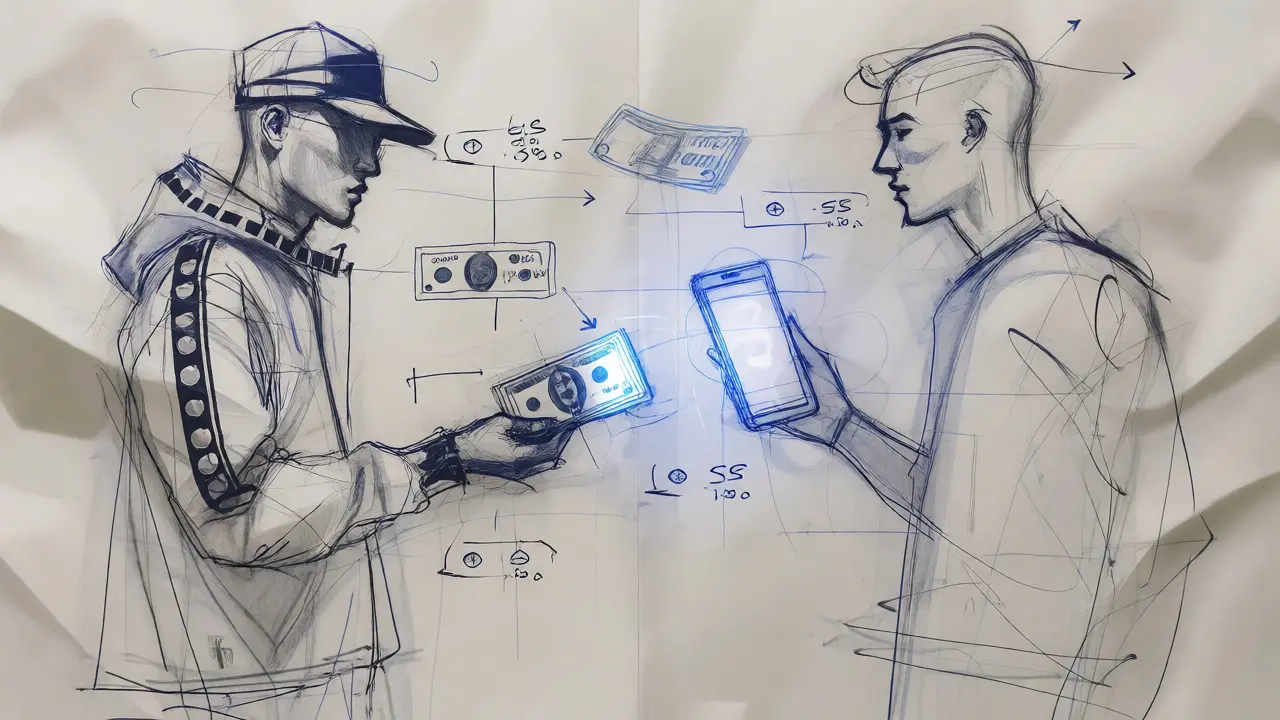 Fashion sketch of two figures exchanging cash for digital tokens in an informal P2P deal.