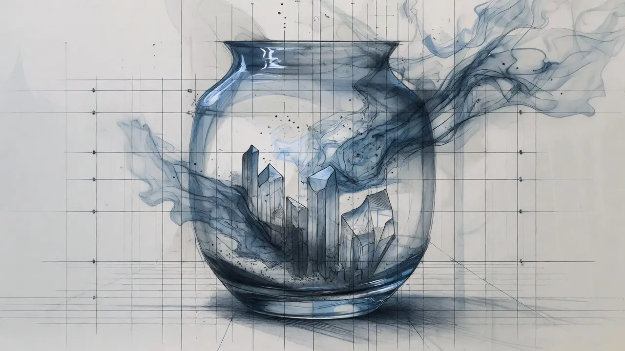 Glass vessel with digital particles inside regulatory grid lines.