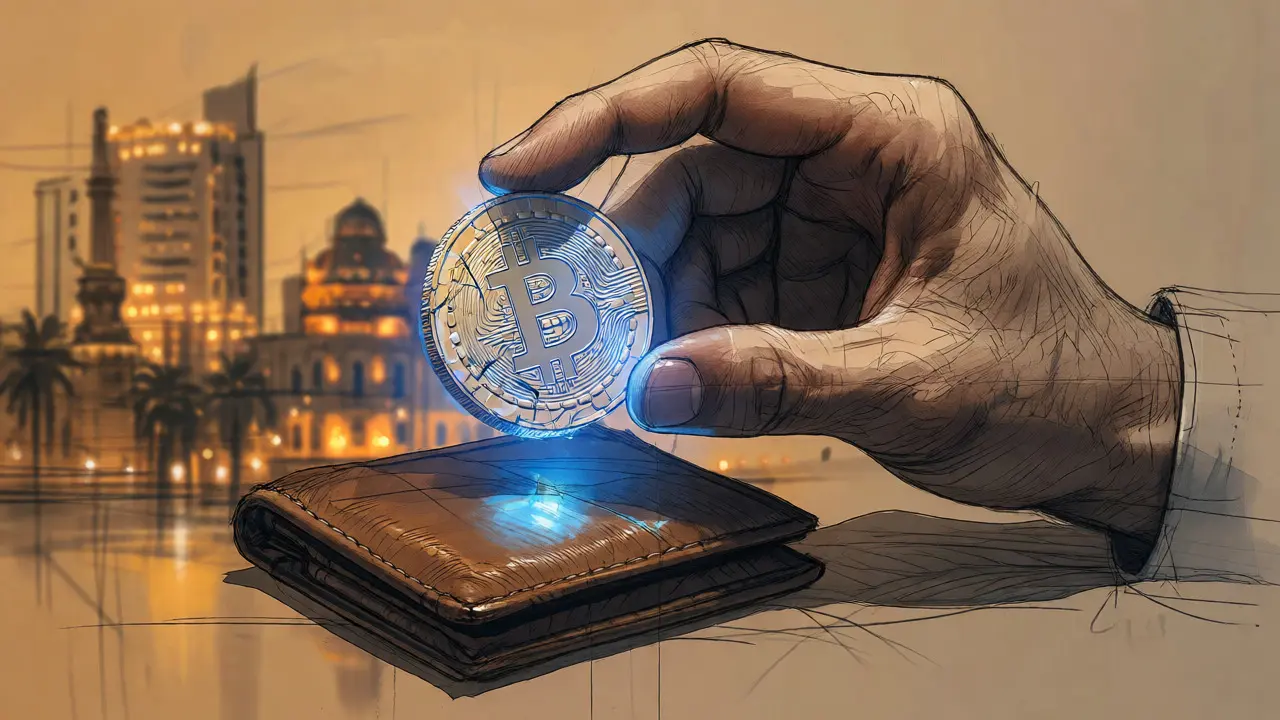 Hand holding a glowing digital coin over a wallet with Cairo skyline.