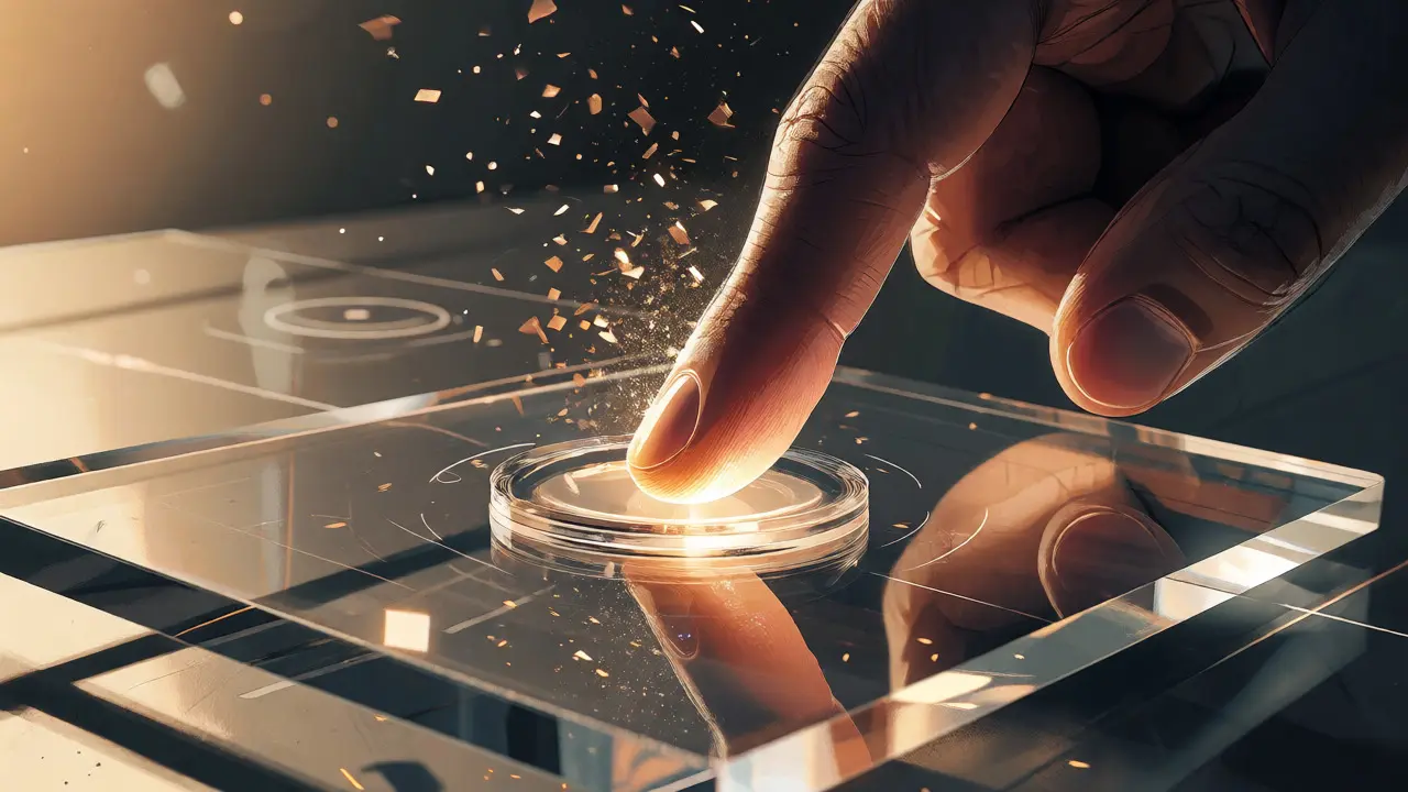 Hand pressing claim button releasing token particles