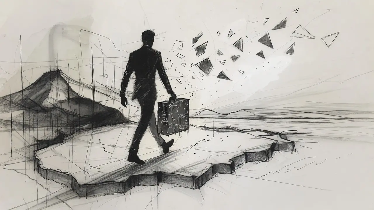 Illustration of a developer leaving a shaded map of Algeria toward a bright horizon.