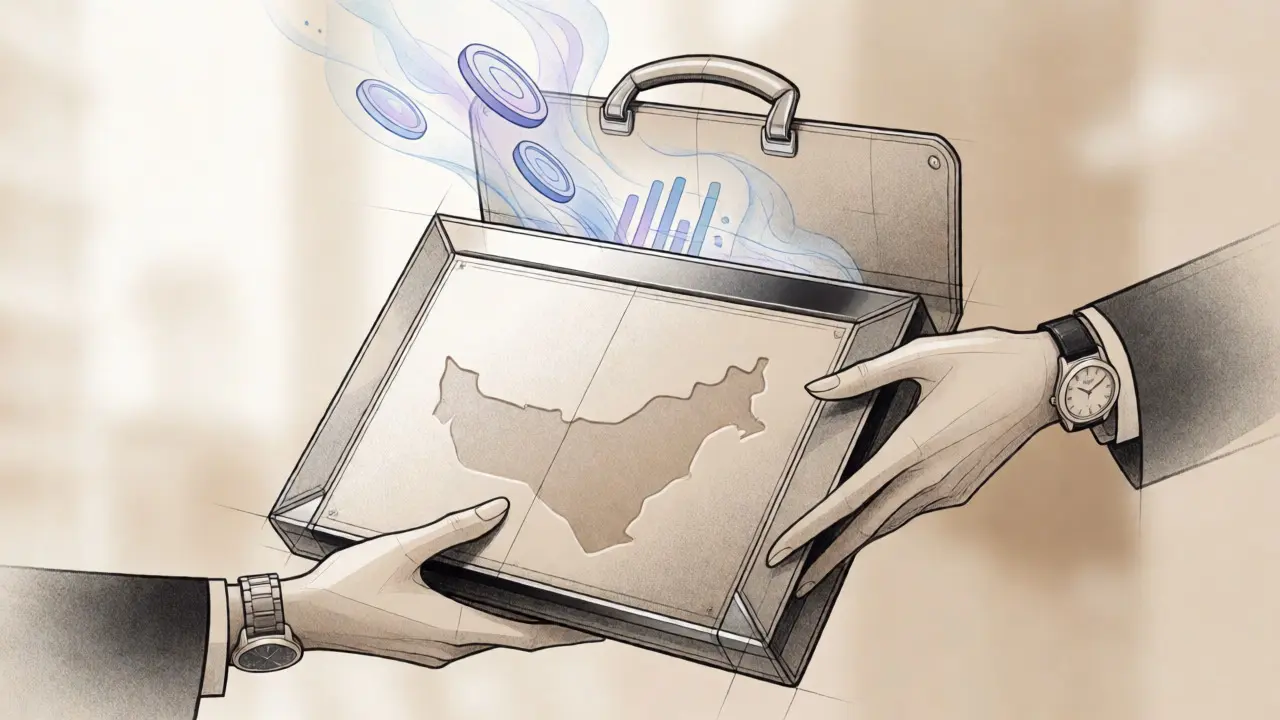 Illustration of a luxury briefcase transferring digital assets between hands.