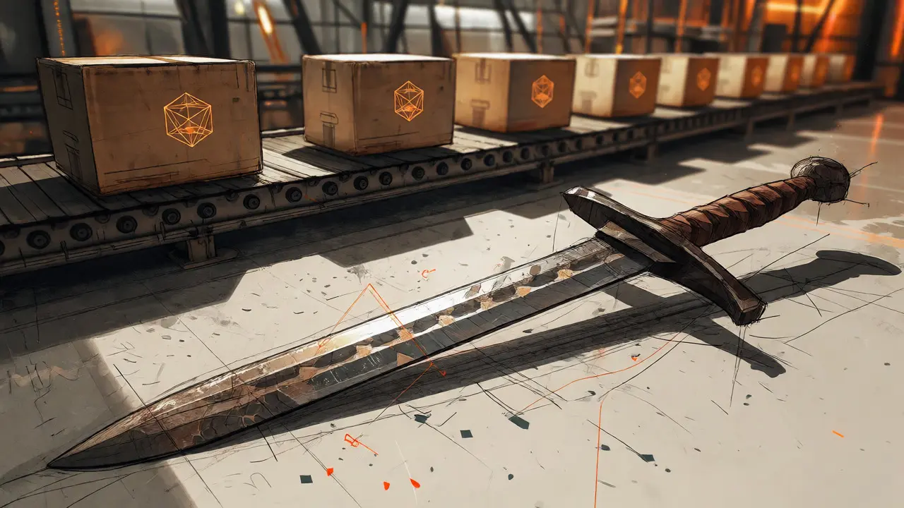 Illustration of a worn sword and supply chain packages