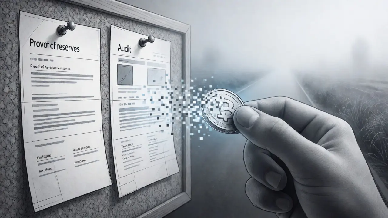 Isometric sketch of a hand holding a pixelating coin near verified audit documents on a board.