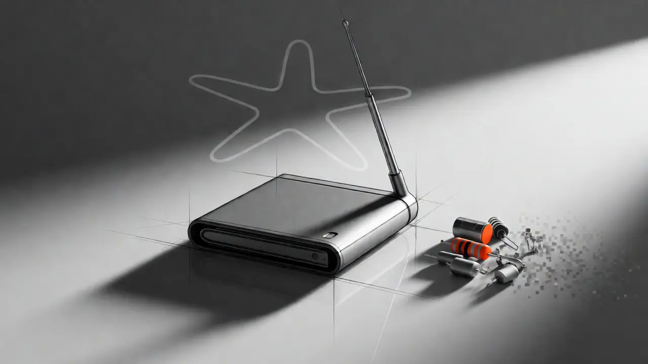 Minimalist sketch of a wallet device merging with radio antennas and digital pixels.