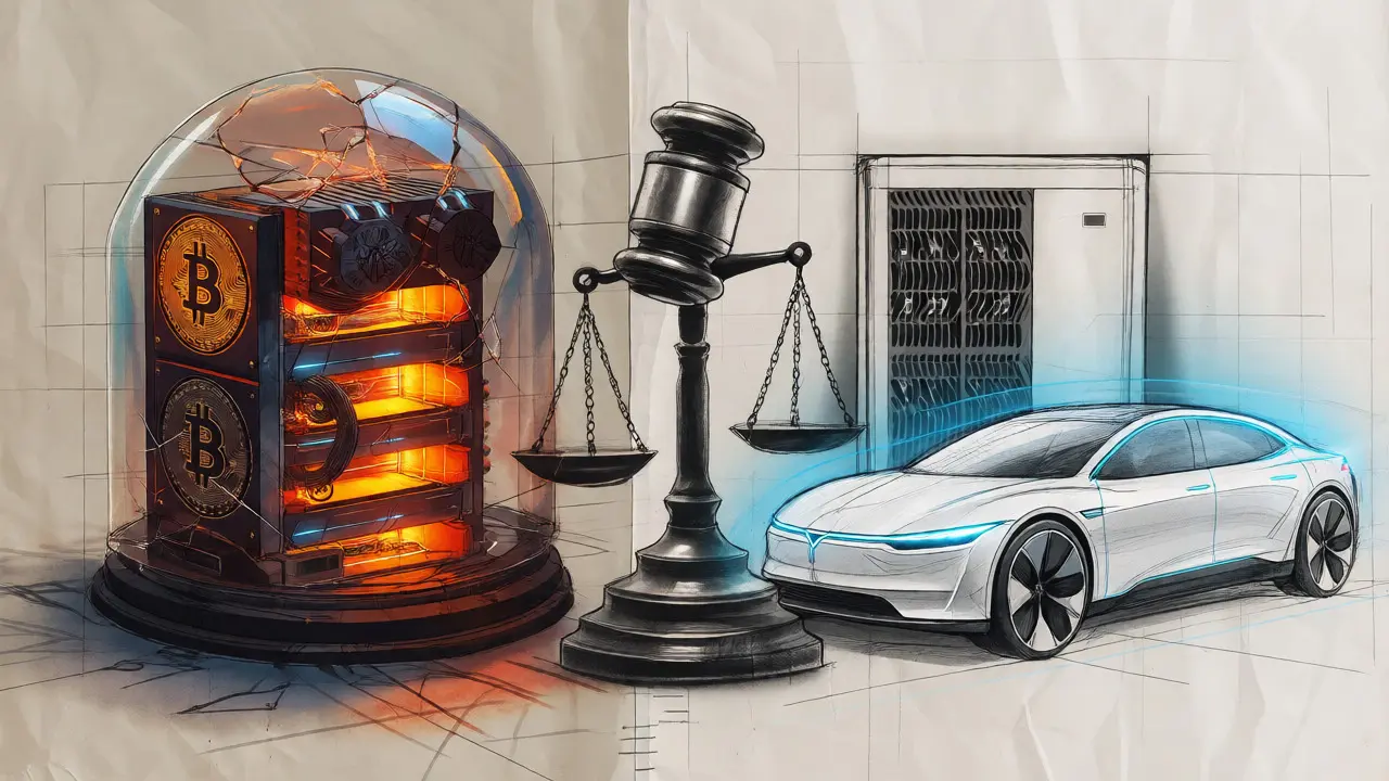 Split image showing glowing mining rigs versus clean EVs and heat pumps.
