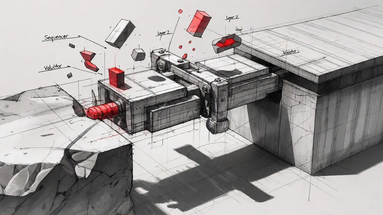 Technical sketch of a blockchain bridge mechanism connecting stone and metal platforms with risk indicators.